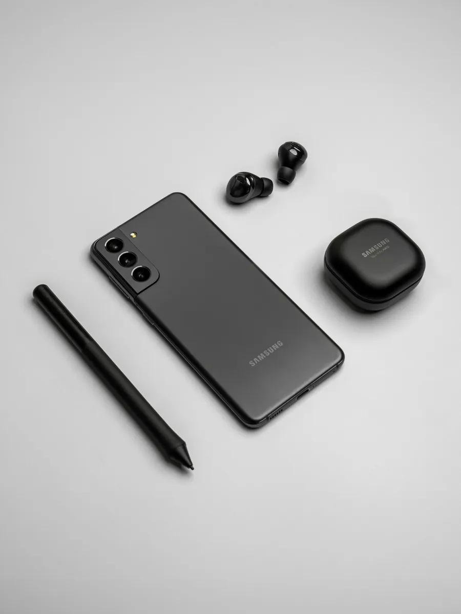 Smartphone Samsung Galaxy posé sur une table avec des écouteurs